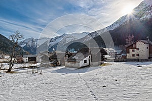 Alpine village in winter, Macugnaga, north Italy