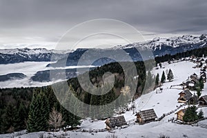 Alpine village Zajamniki in winter season, Slovenia