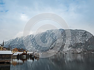 Alpine villages Hallstatt in Austria winter season snow mountain colorful house landscape