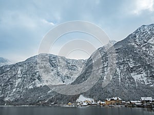 Alpine villages Hallstatt in Austria winter season snow mountain colorful house landscape