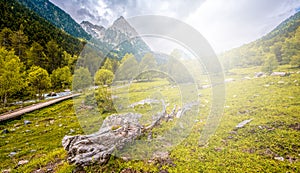 Alpine walley  with beautiful scenery of San Mauricio in the Aigues Tortes National Park in the Spanish Pyrenees.