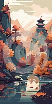 Alpine Waterfall With Palace On Lake - Vector Illustration