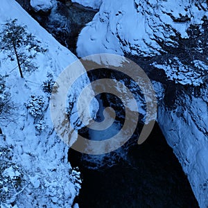 Alpine Winter Gorge Arial View