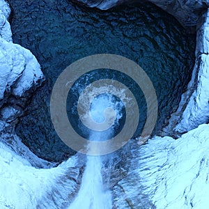 Alpine Winter Waterfall Arial View