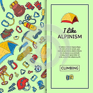 Alpinism equipment seamless pattern vector illustration. Mountain climbing, hiking and mountaineering cartoon symbols