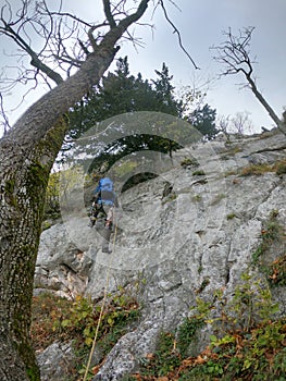 Alpinist with blue backpack and climbing gear climbing on the limestone rock.