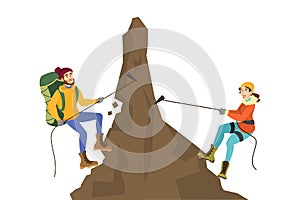 Alpinist couple climb the mountain. Extreme sport photo