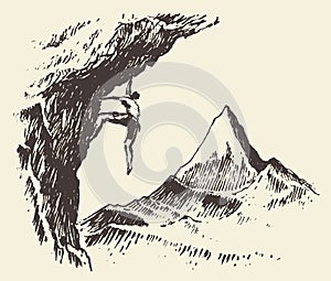 Alpinist mountain peak drawn vector sketch photo