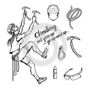 Alpinist slogan with girl, woman mountaineer, alpine climbing, alpinism, mountaineering, alpinist girl character, climb concept