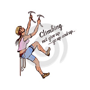 Alpinist slogan with girl, woman mountaineer, alpine climbing, alpinism, mountaineering, alpinist girl character, climb concept, h photo