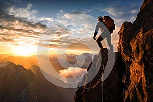 An alpinist stands on a rocky peak with the sun rising behind. A breathtaking scene of mountain conquest and dawn& x27;s