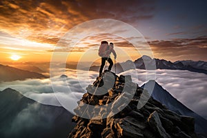 An alpinist stands on a rocky peak with the sun rising behind. A breathtaking scene of mountain conquest and dawn& x27;s