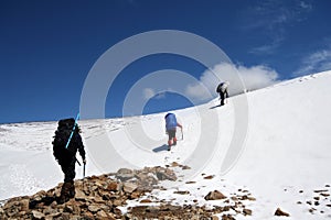 Alpinists at the climbing in Caucasus mountains