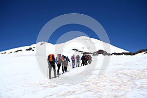 Alpinists at the Elbrus climbing in Caucasus.