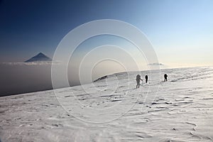 Alpinists on the top of Ploskiy Tolbachik volcano.