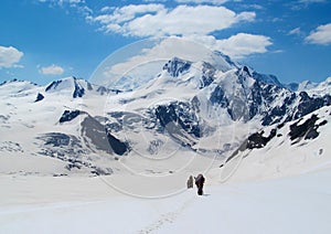 Alpinists tourists on snow mountain photo