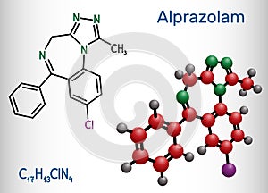 Alprazolam, molecule. It is benzodiazepine, short-acting tranquilizer with anxiolytic, sedative-hypnotic, anticonvulsant