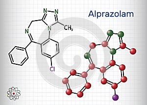 Alprazolam, molecule. It is benzodiazepine, short-acting tranquilizer with anxiolytic, sedative-hypnotic, anticonvulsant