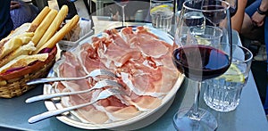 Alps Adria - Close up view of plate of Prosciutto di San Daniele Crude Italian Ham near Udine in Friuli-Venezia Giulia