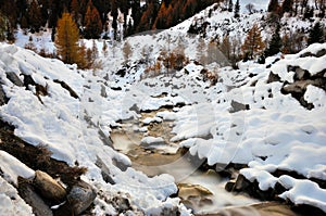 Alps autumn landscape, snow and waterfall