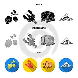 Alps, a barrel of beer, lobster, hops. Oktoberfest set collection icons in black, flat, monochrome style vector symbol