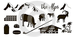 The Alps flat icons. Mountain Matterhorn, Alpine ibex, chalet, edelweiss flowers, alpenhorn