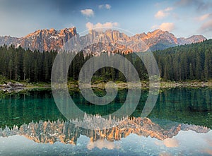 Alps lake landscape with forrest mountain, Lago di Carezza - Dolomites