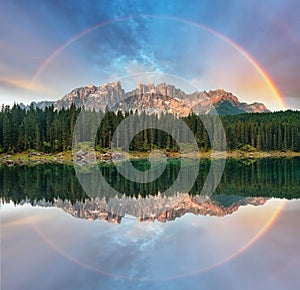 Alps Lake with rainbow - Lago di Carezza, Italy