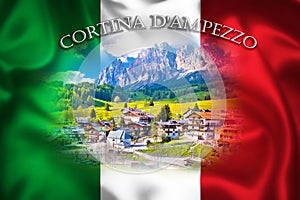 Alps landscape in Cortina D` Ampezzo on Italian flag illustration, idyllic mountain peaks of Dolomites