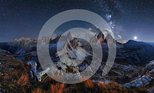 Alps Mountain landscape with night sky and Mliky way, Tre Cime d