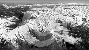 Alps mountainrange from above, black and white photo