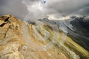 Alps Mountains and Gorner Glacier in the background, landmark attraction in Switzerland