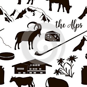 The Alps seamless pattern flat icons. Mountain Matterhorn, Alpine ibex, chalet, edelweiss, alpenhorn.