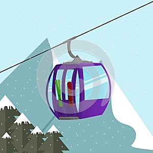 Alps ski lift gondola with skis and snowboard above the mountain`s peak