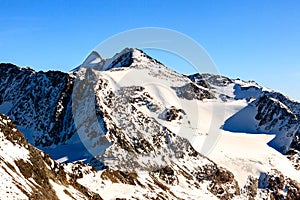 Alps ski resort. Austria, Stubai, Stubaier Gletscher. High rocky mountain landscape. Beautiful scenic view of mount