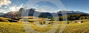 Alps sunrise green mountain panorama landscape, Alpe di Siusi