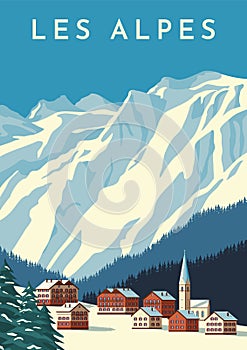 Alps travel retro poster, vintage banner. Mountain village of Austria, winter landscape of Switzerland. Flat vector illustration