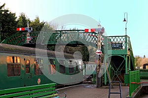 Alresford, UK - Jan 28 2017: Railway carriages, signals and foot
