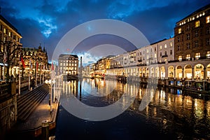 Alster Arcades in the city center of Hamburg at night