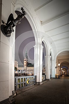 Alsterarkaden on Lake Kleine Alster in Hamburg, view of historic Hamburg town hall, night, Germany