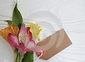 Alstroemeria flower decoration summer floral white wooden arrangement background, frame fragility