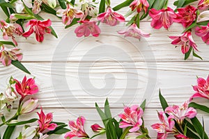 Alstroemeria flowers on a white wooden table in a flat lay composition. Copy space