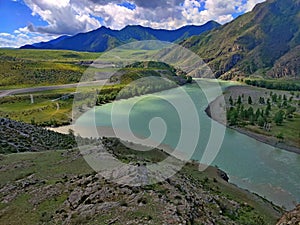 Altai Republic, Russia - 07.01.2022. The confluence of two rivers Chuya and Katun