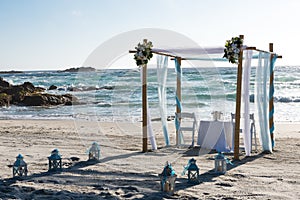 Altar on the beach ready for wedding ceremony