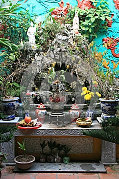 An altar in a buddhist temple in Hanoi, Vietnam