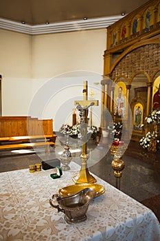 Altar at the church with ceremonial objects for Baptism