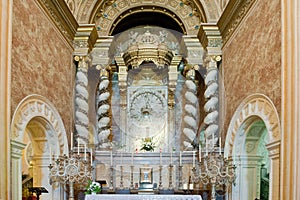 Altar in cloister church Santuari de Sant Salvador, Arta, Mallorca, Majorca, Spain