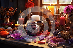 Altar of Healing Crystals and Sacred Objects for