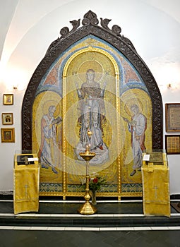 Altar icon with the image of Our Lady-Intercede, St. Nicholas, St. Panteleimon. Chapel of the Holy Great Martyr Healer Panteleimon