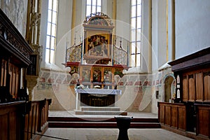 Altar inside the old medieval saxon lutheran church in Sighisoara, Transylvania, Romania